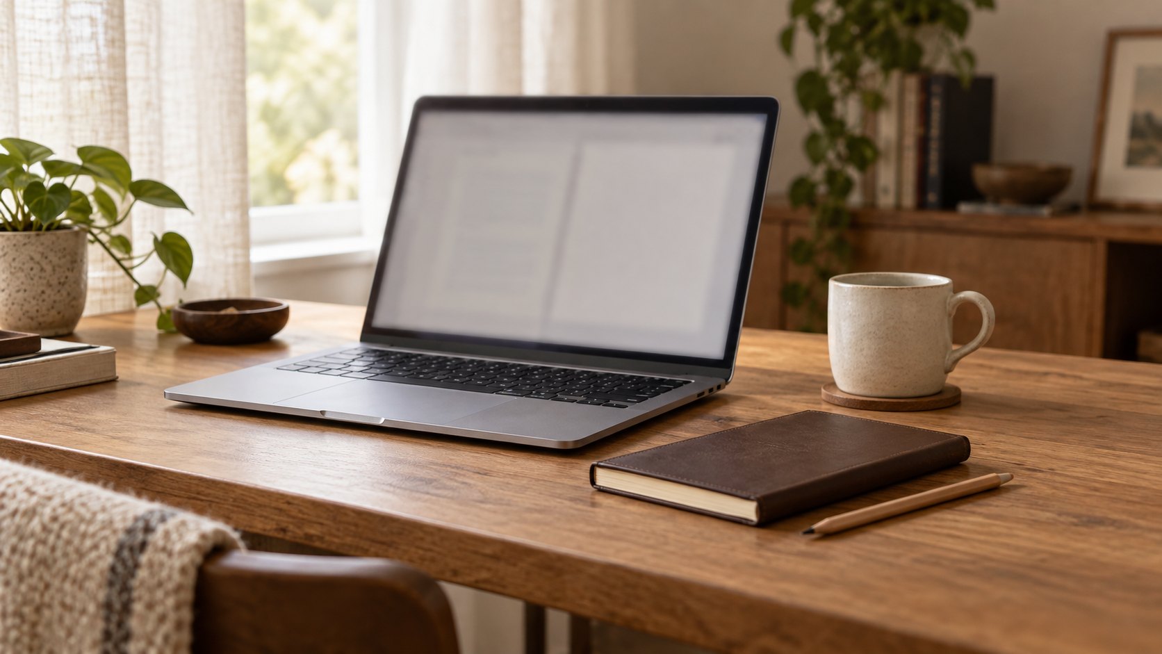 An open laptop with an unreadable screen beside a closed notebook and mug on a wooden desk.