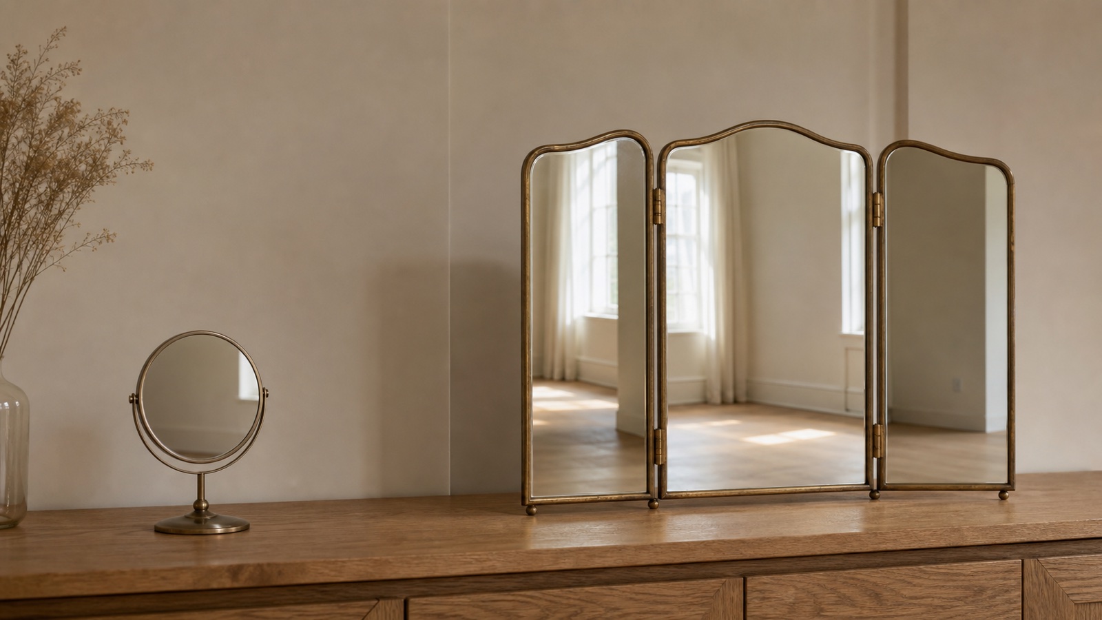 One small round mirror beside a three-panel mirror reflecting an empty sunlit room