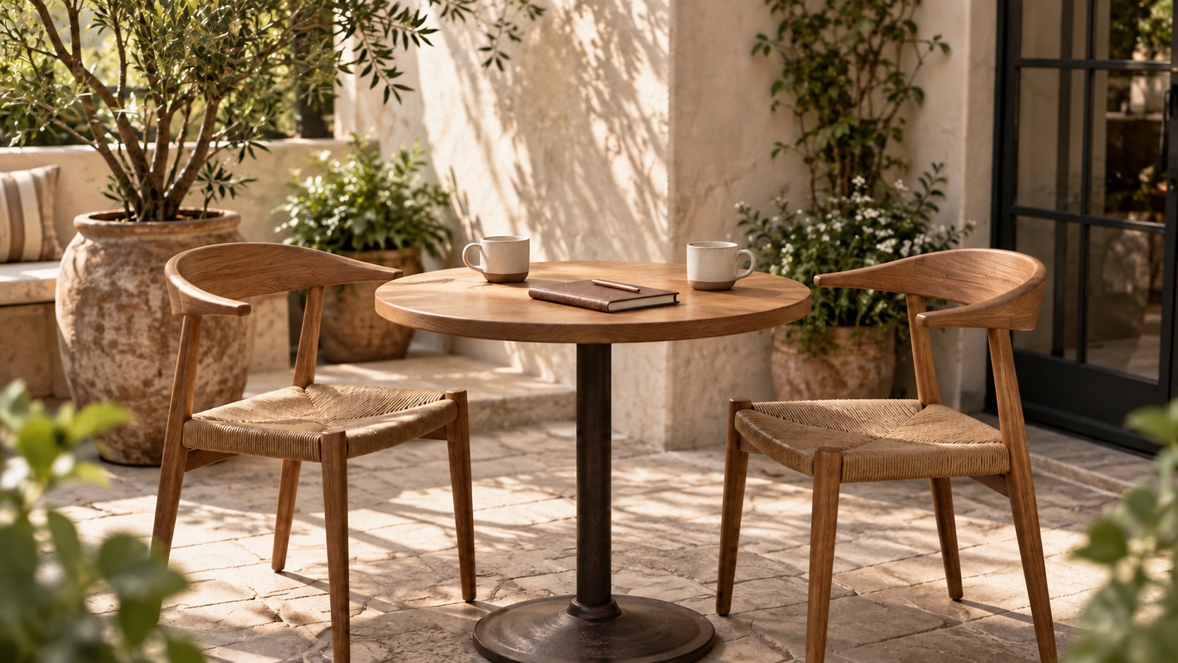Two chairs at a courtyard cafe table with two cups and a closed notebook.
