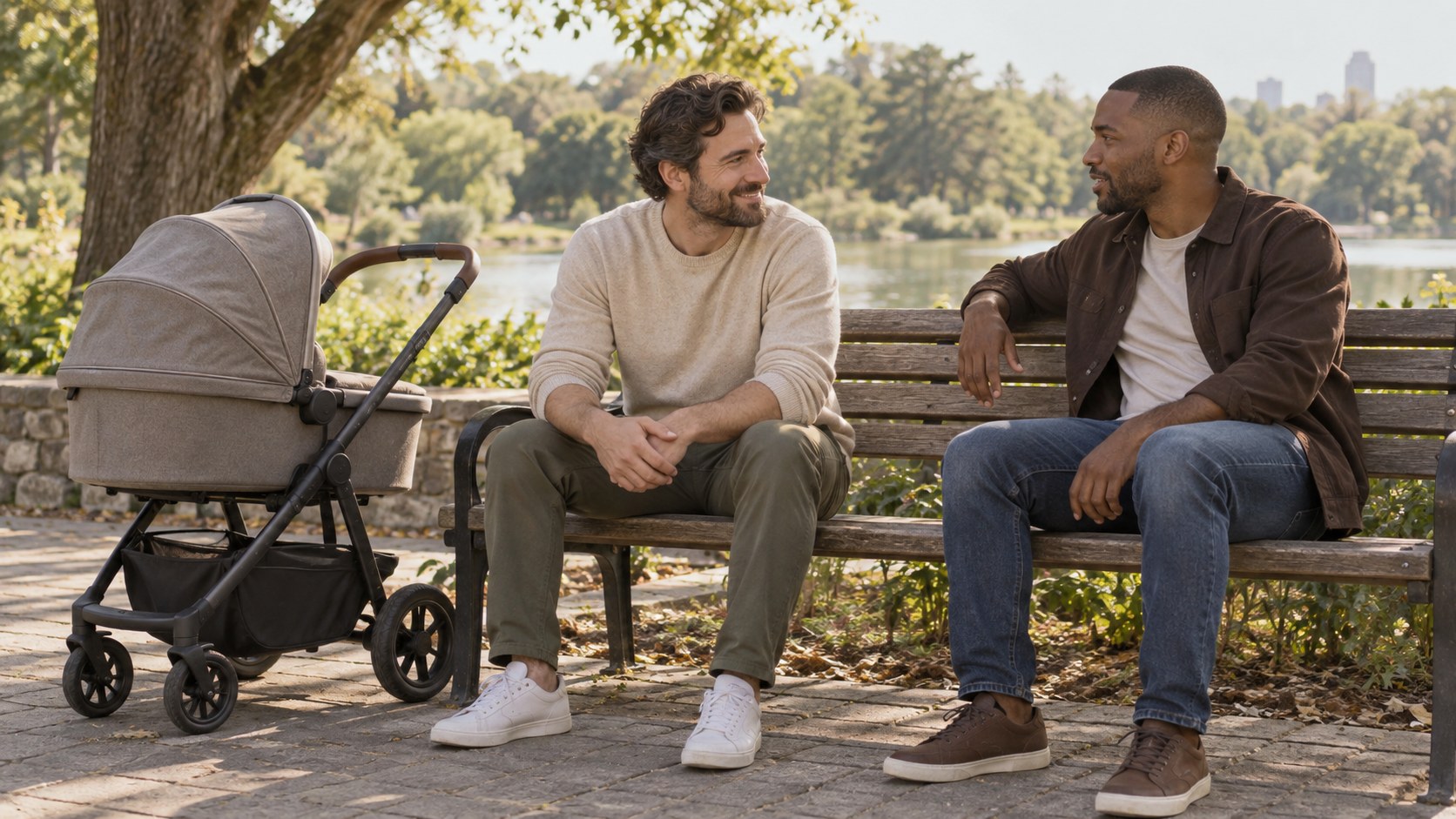 Two men talking on a park bench beside a stroller