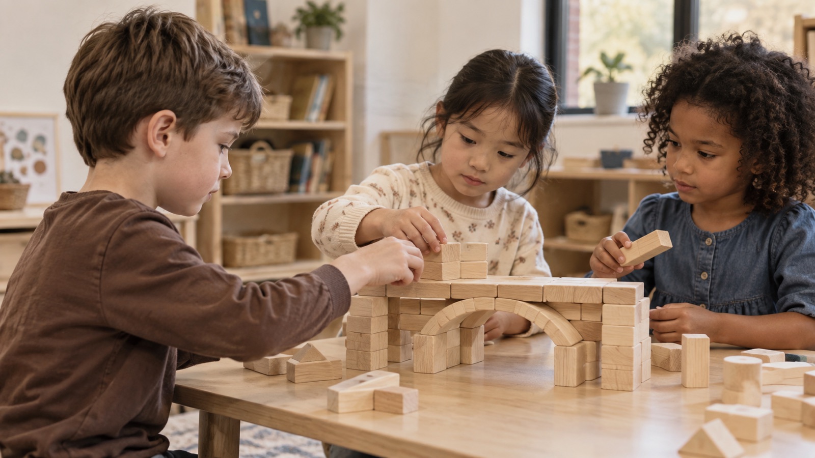 Three children collaborating on a wooden bridge model.