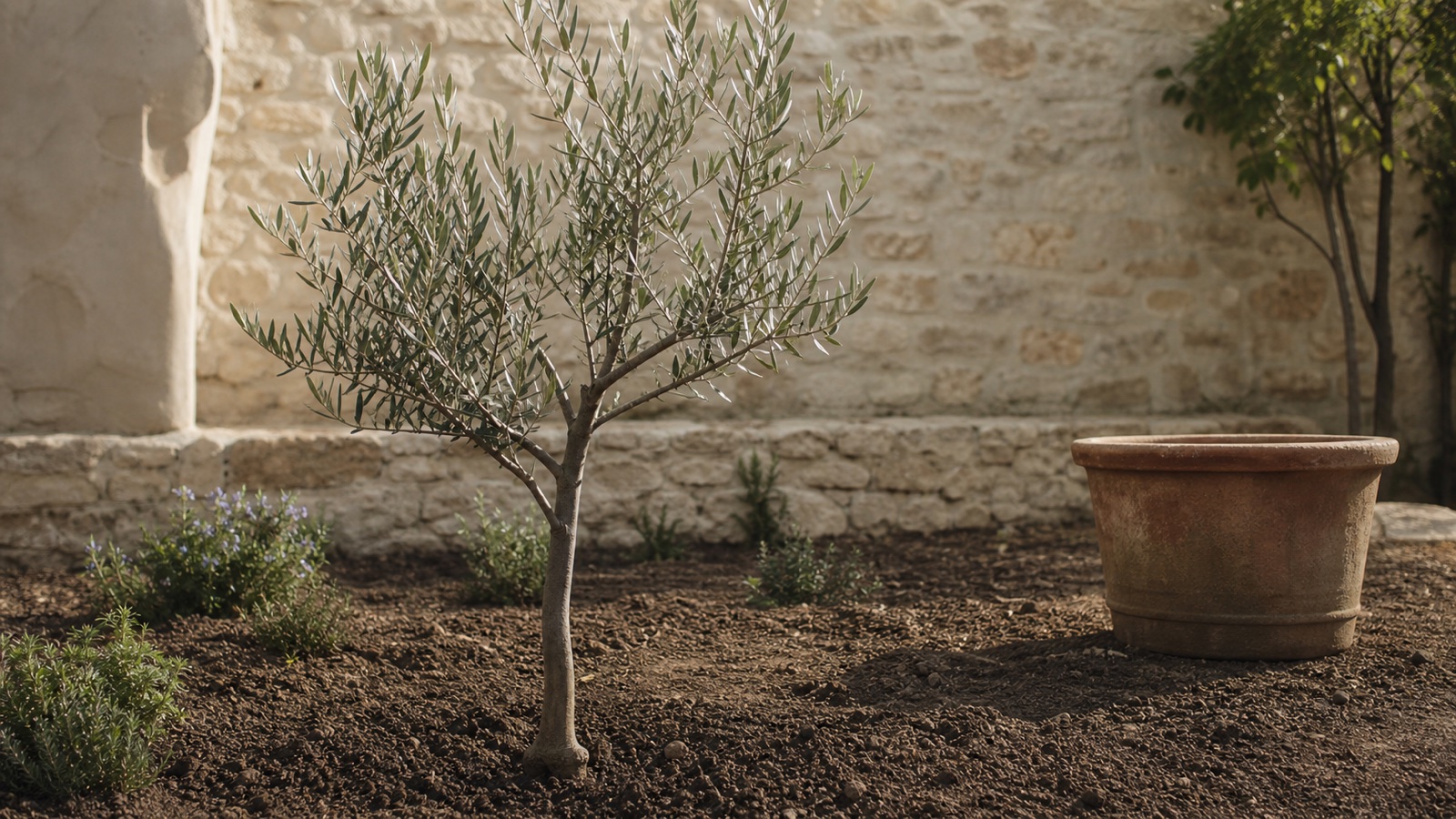 A young olive tree rooted in garden soil beside an empty terracotta planter