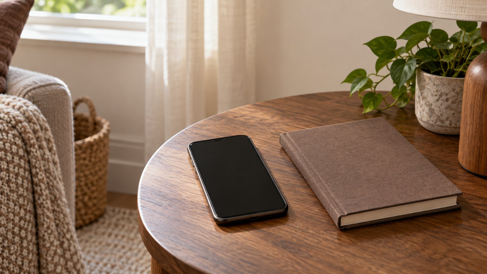 A phone with its screen off beside a closed notebook on a home table