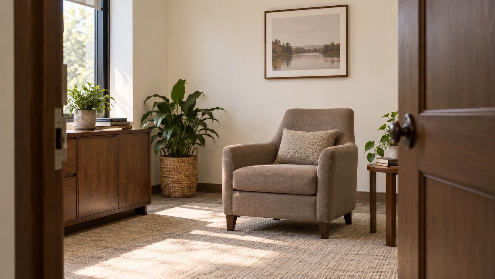 An empty consultation room with a taupe chair seen through an open doorway
