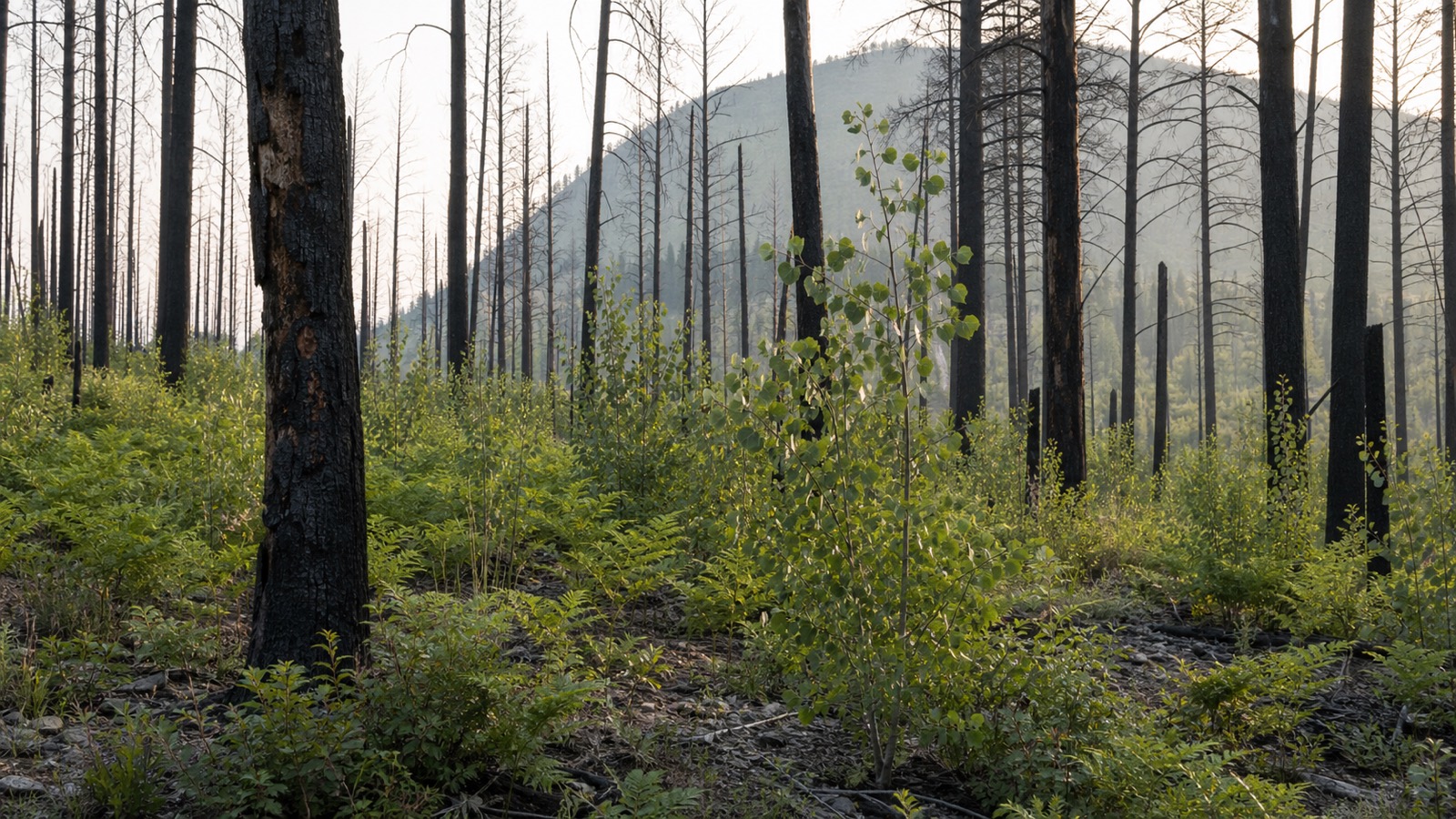 Young green trees and ferns growing among fire-darkened trunks in a recovering forest