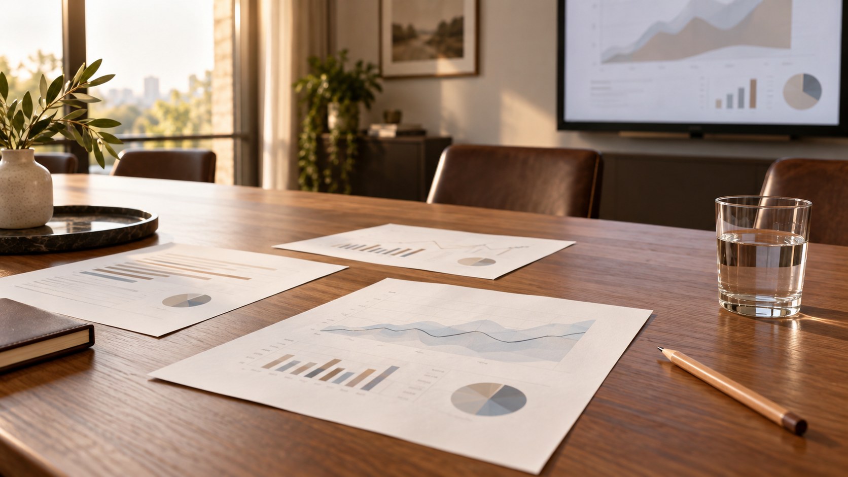 Illustrative reports on a conference table beside a pencil and water glass, with a blurred presentation screen behind.