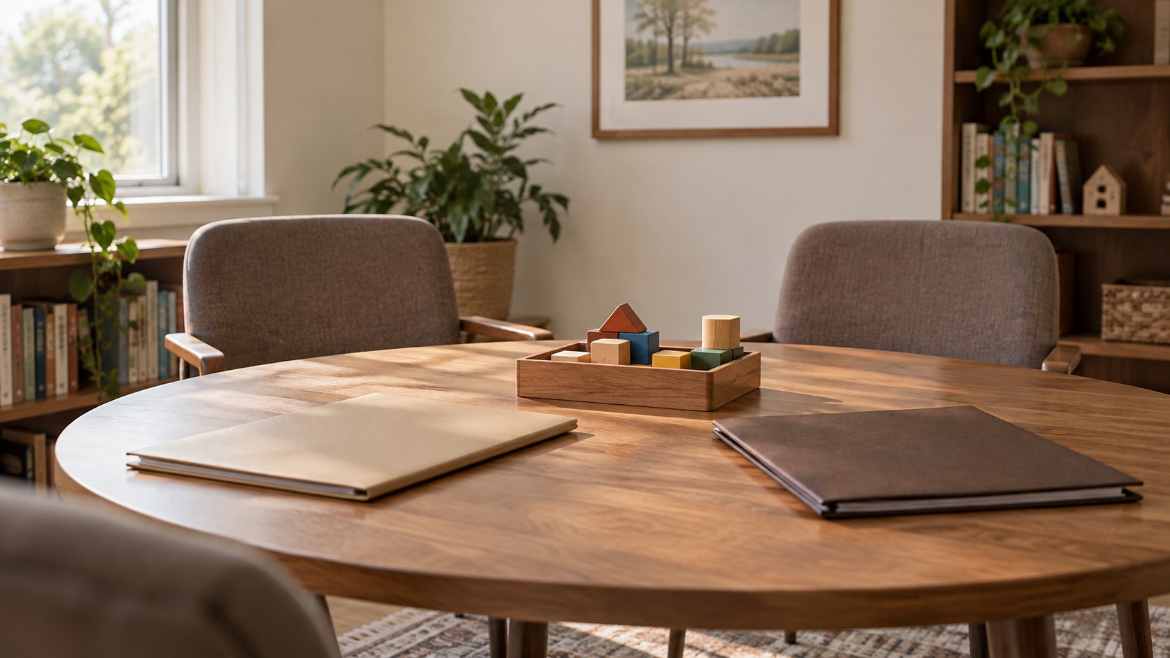 Closed folders and wooden blocks on a table prepared for a caregiver consultation