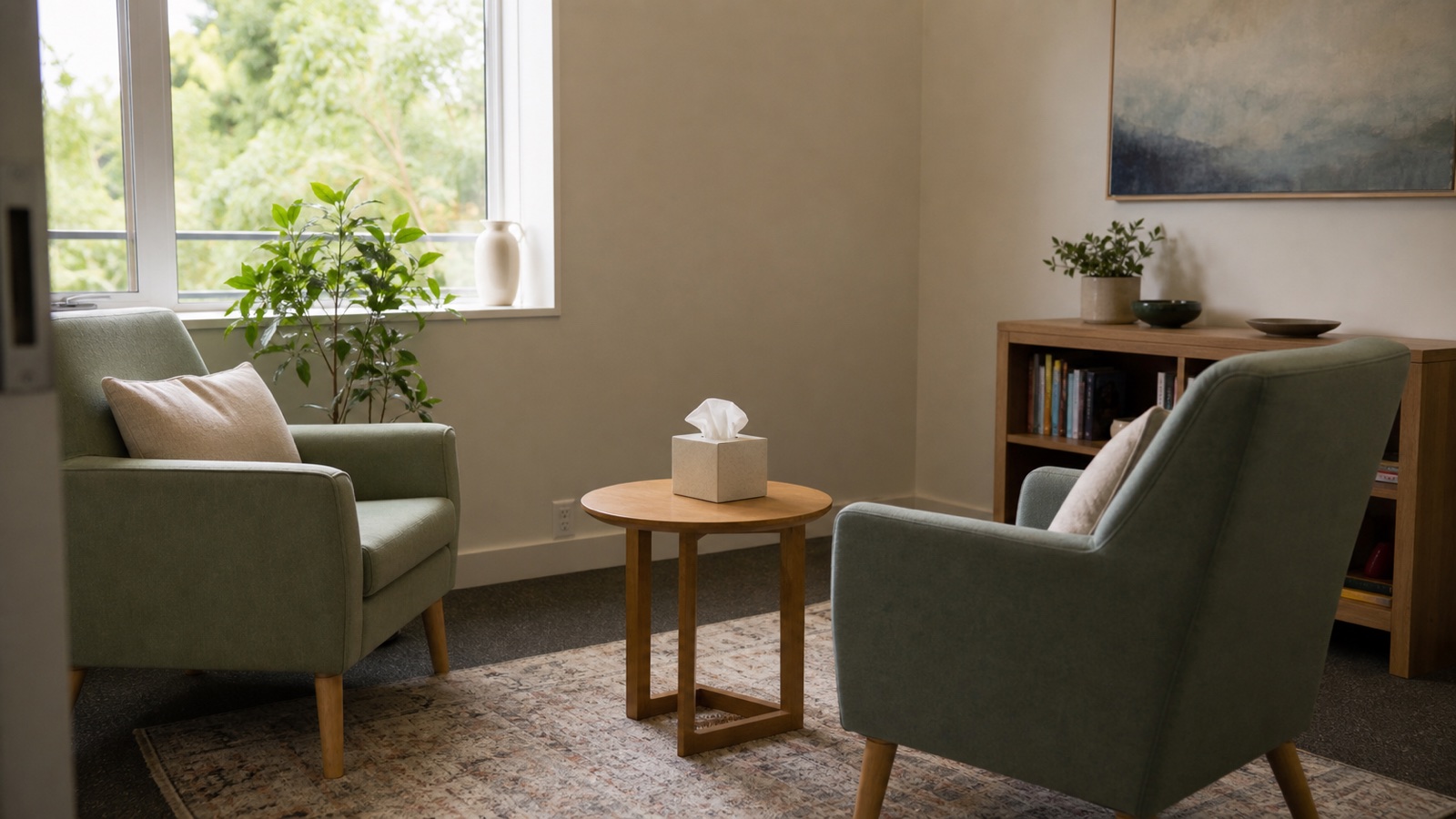 Two comfortable chairs and a plain tissue box in a quiet counselling room