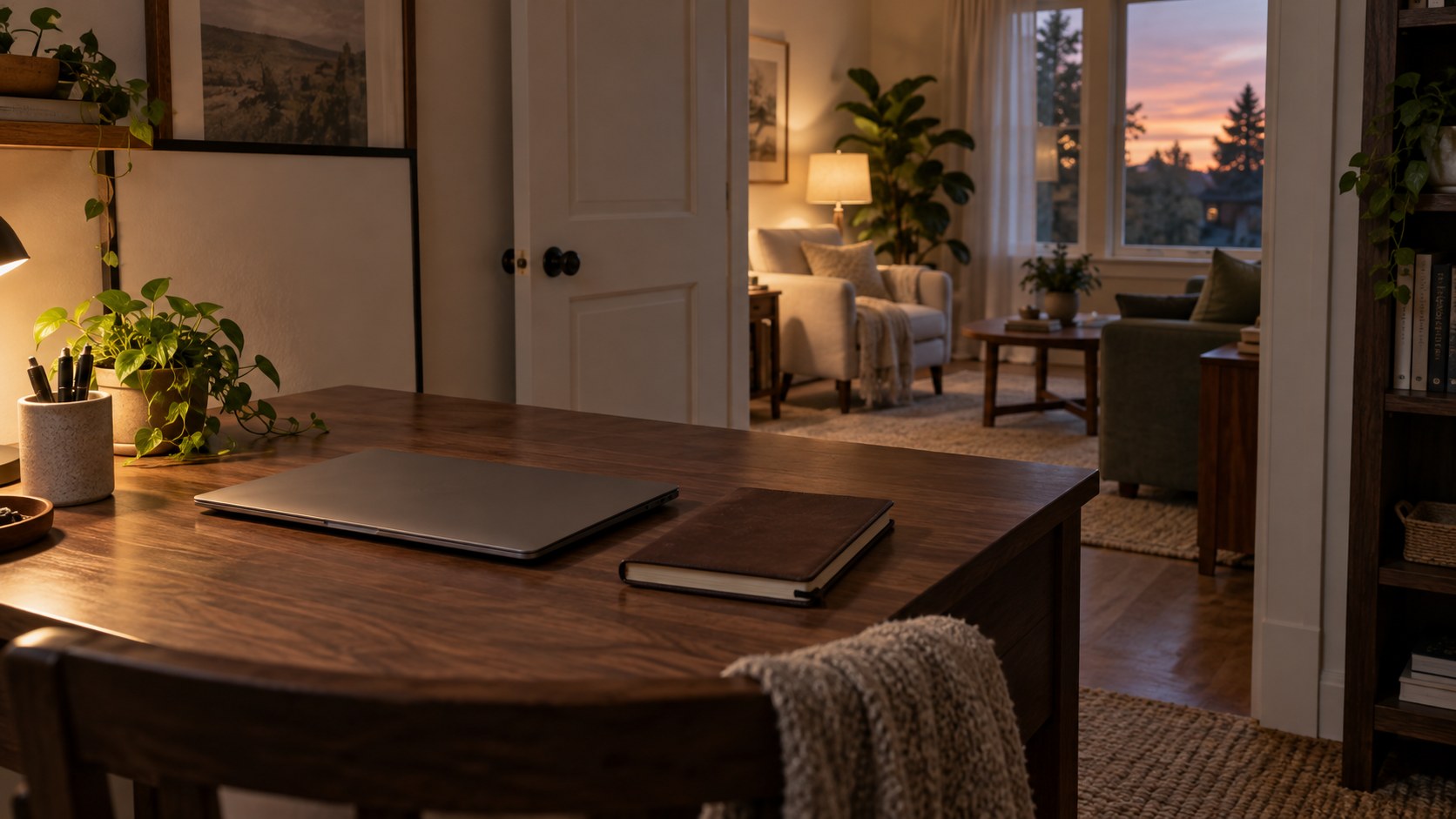 A closed laptop and notebook on a desk beside a doorway to a softly lit living room.