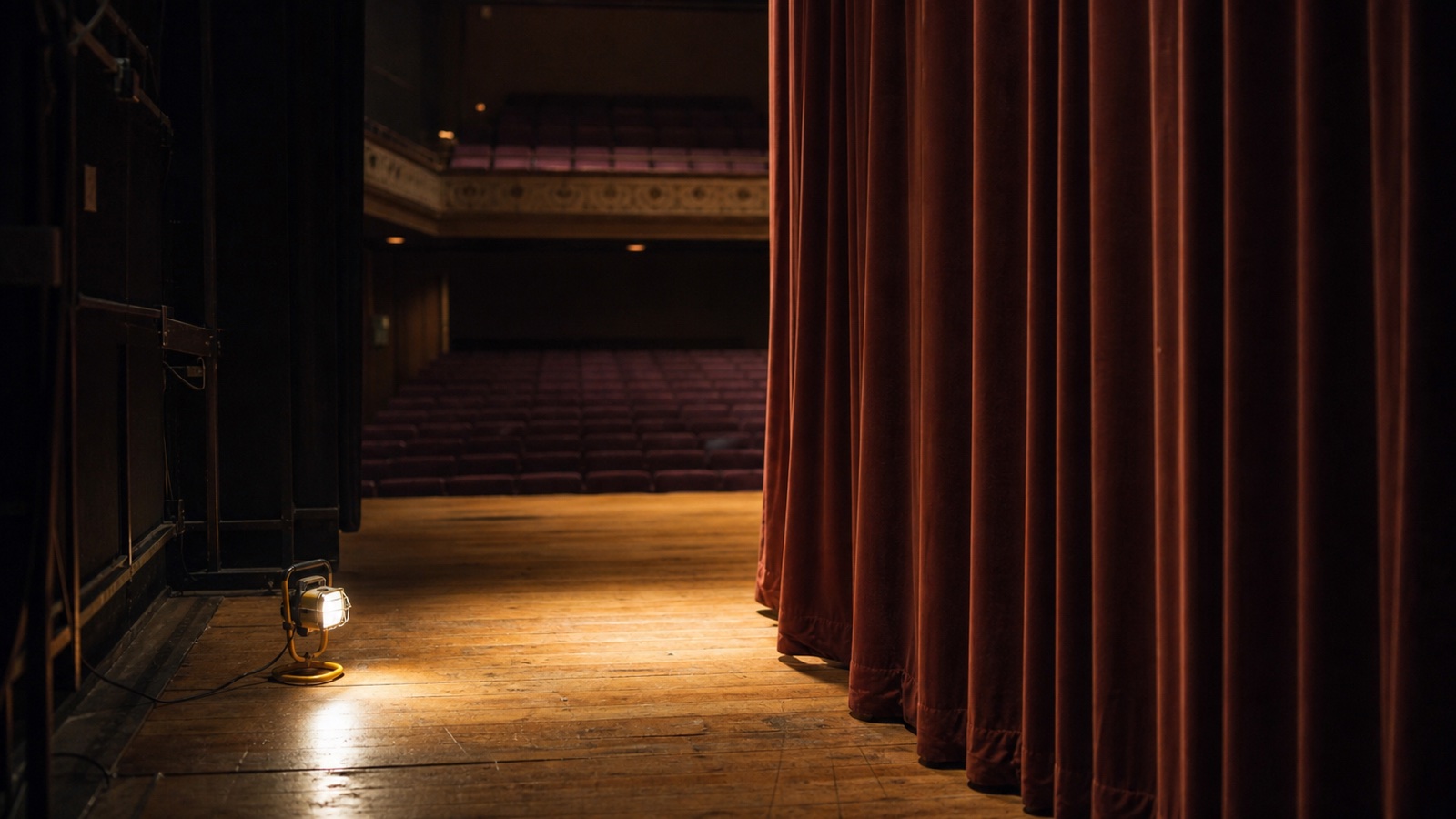 A quiet empty theatre seen from backstage beside a single work light