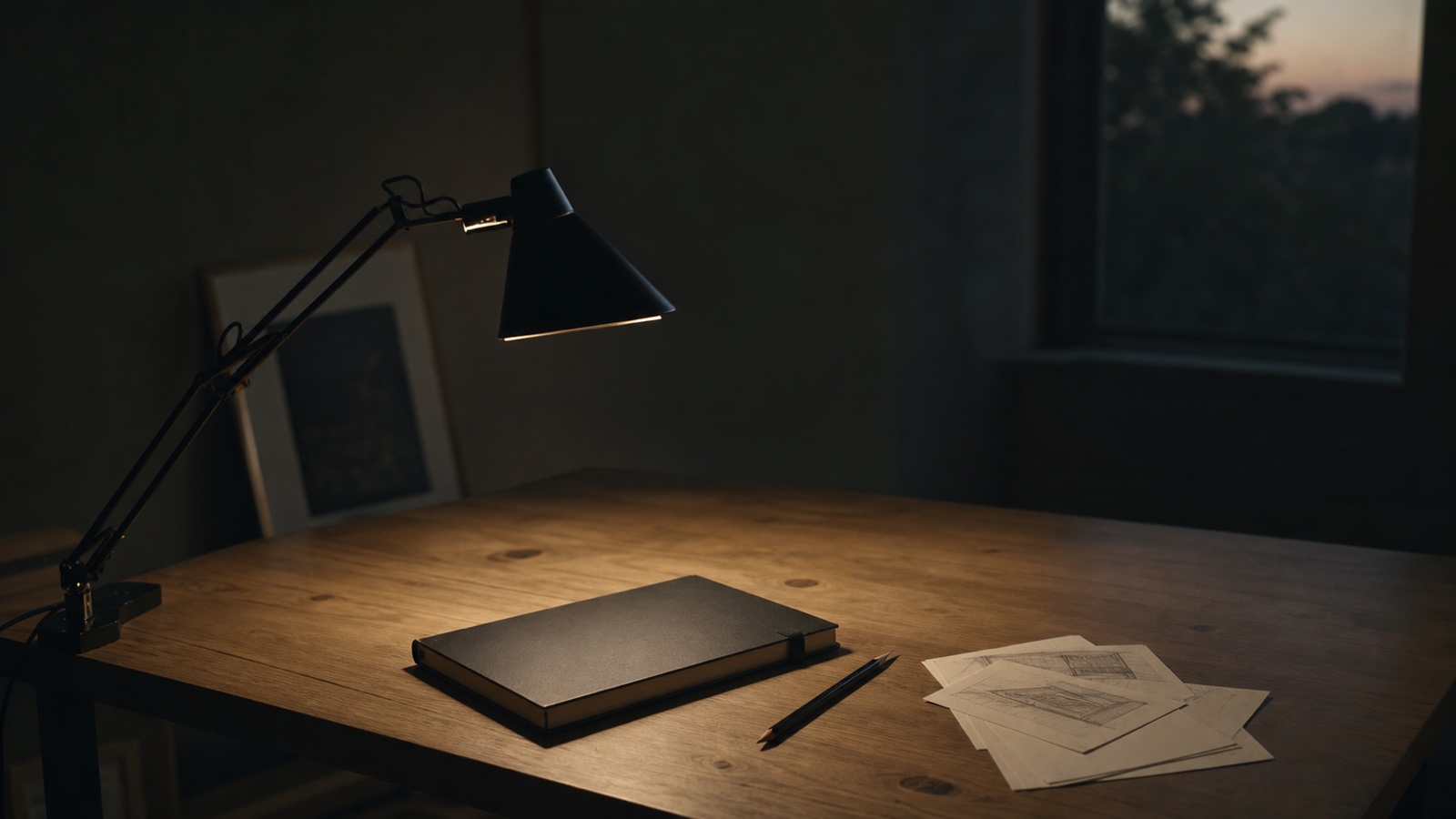 A closed notebook and practice sketches lit by one desk lamp before sunrise