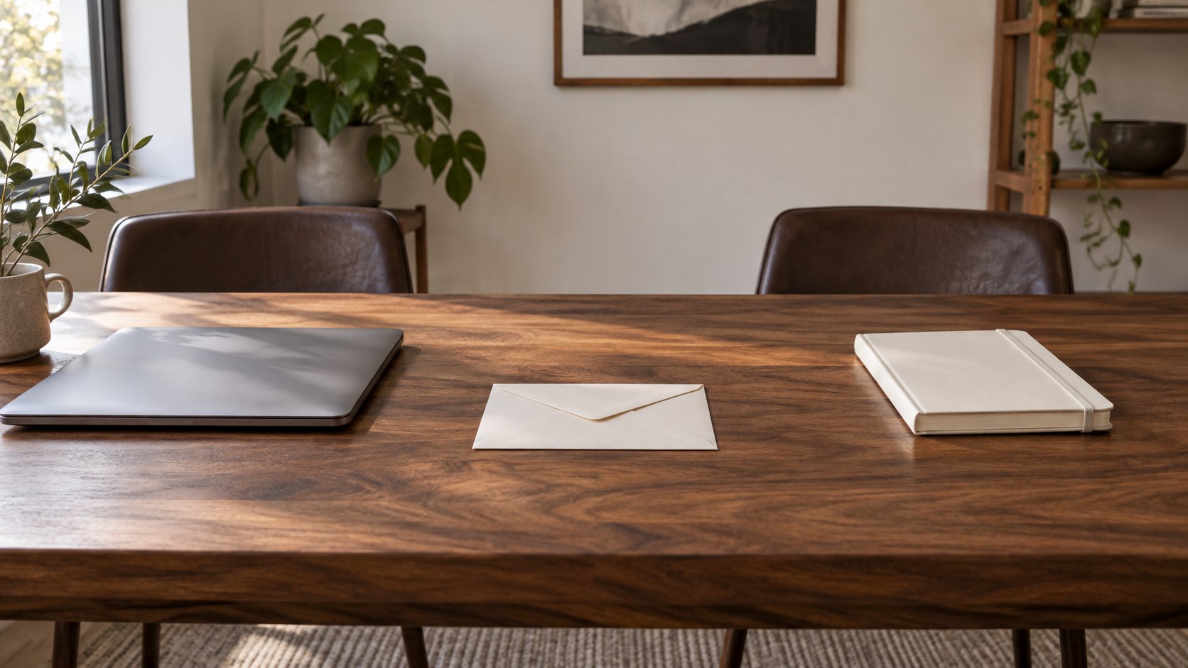 A sealed envelope between a closed laptop and notebook on a shared studio table.