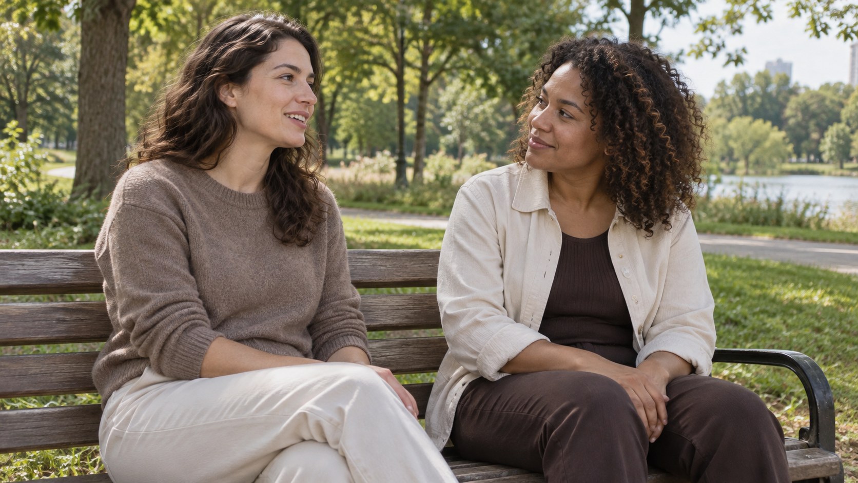 Two adults talking with quiet smiles on a park bench