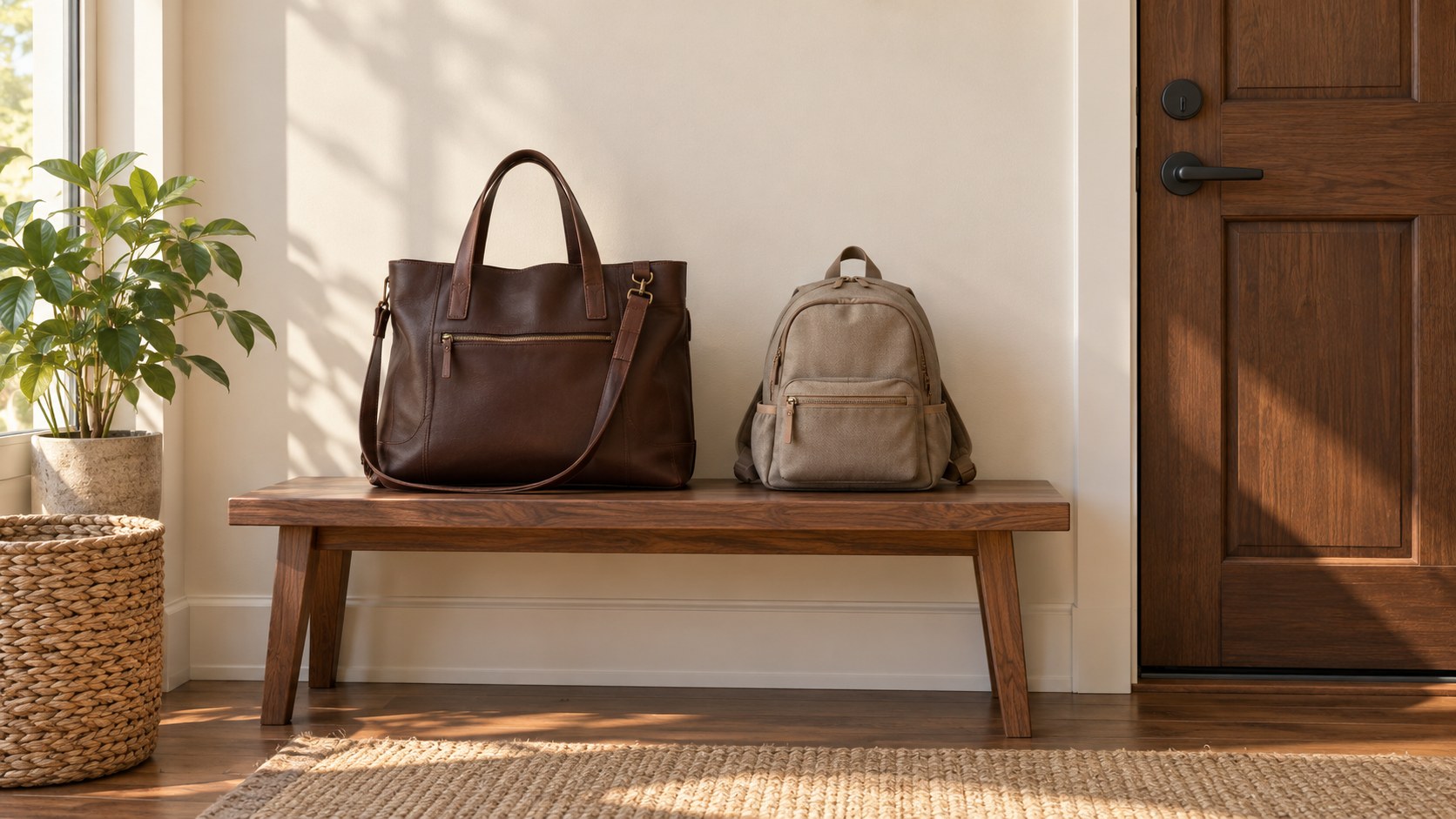 A brown work bag and a small taupe backpack on a wooden bench beside a front door.