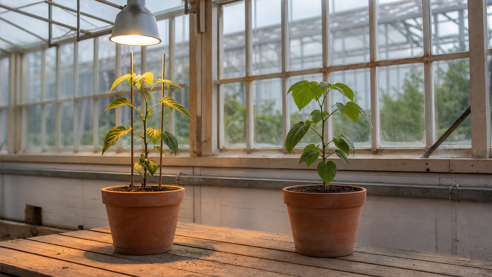 Two similar potted saplings receiving unequal light and support in a greenhouse