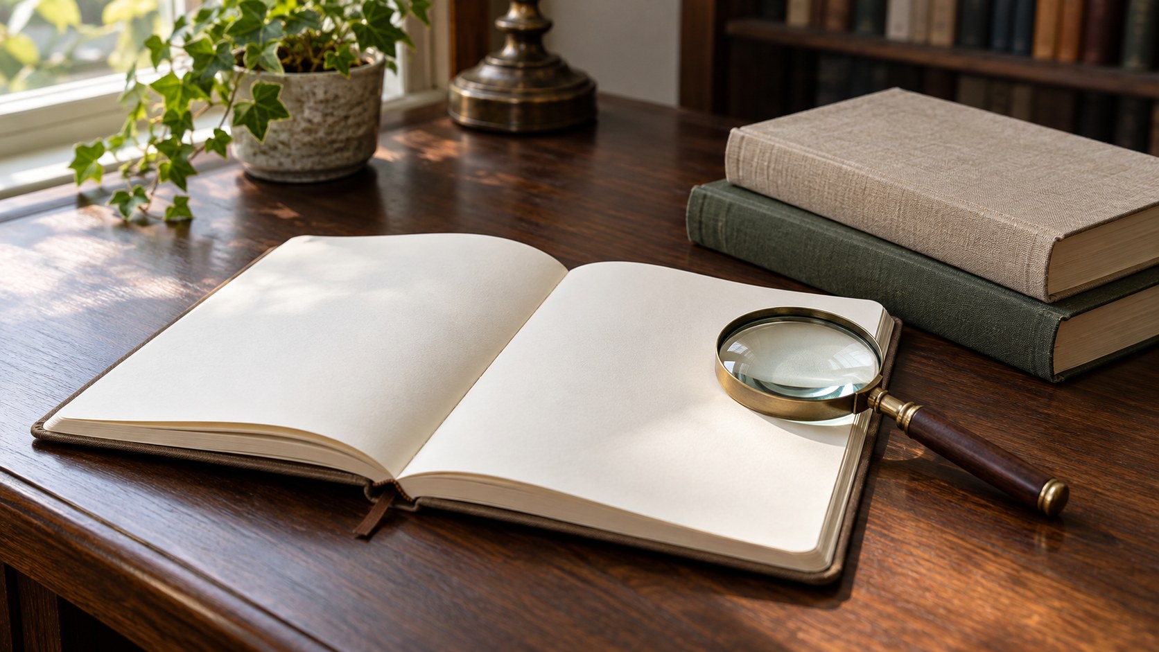 Magnifying glass on a blank notebook beside two closed books on a wooden desk.