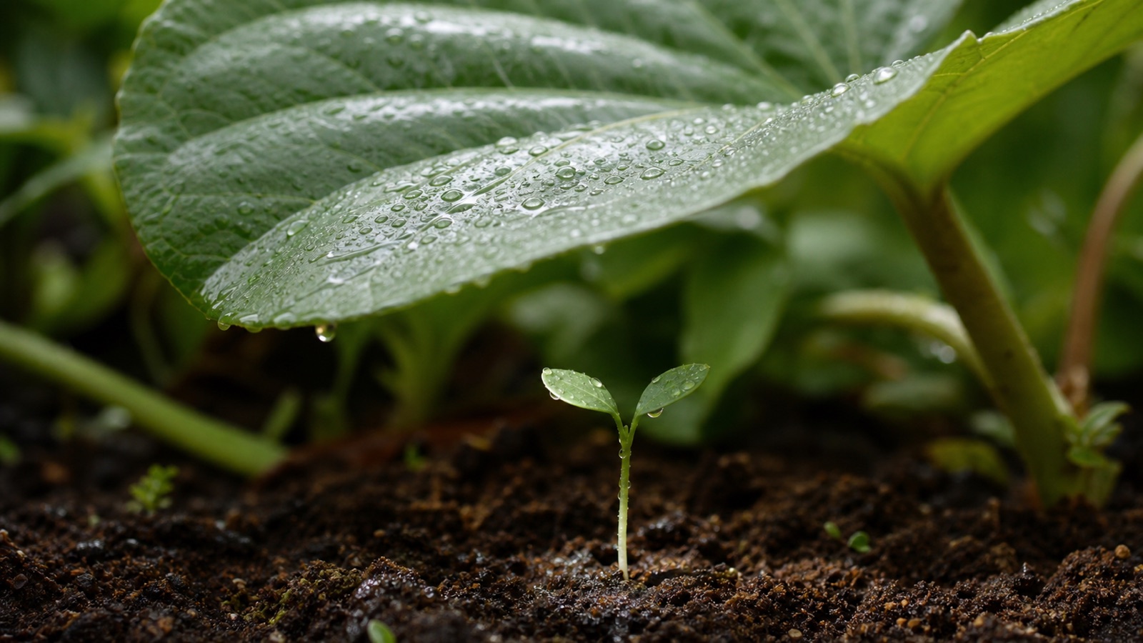 A rain-dappled seedling sheltered beneath a broad green leaf