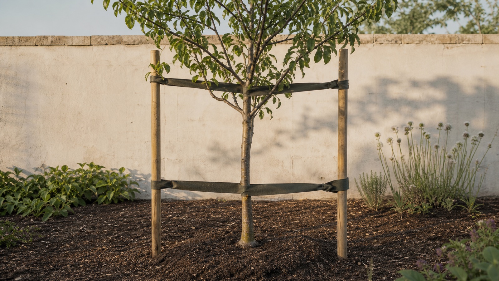 A young fruit tree supported by wooden stakes and broad soft ties while it establishes
