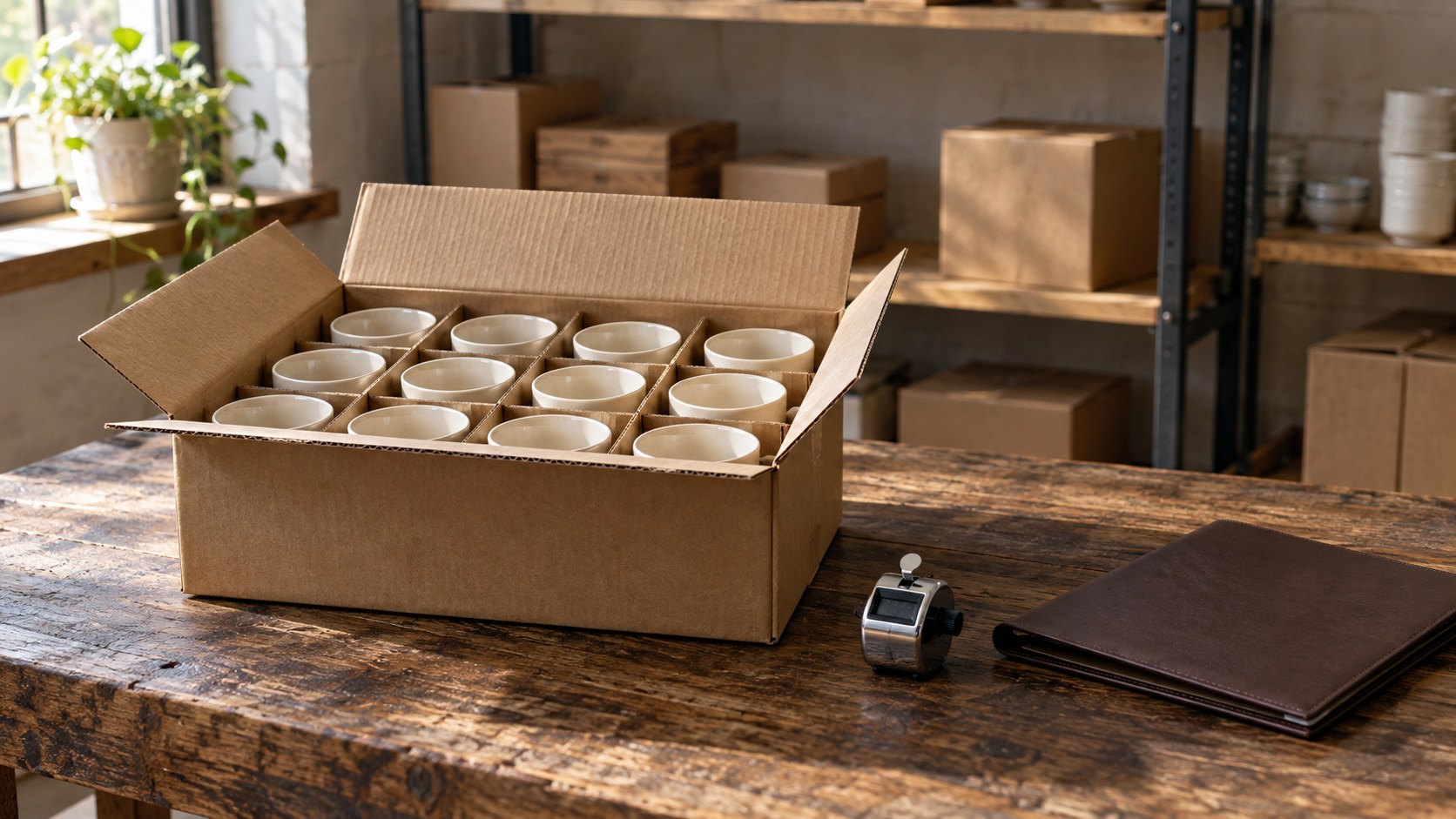 A carton of ceramic cups, a tally counter and a closed folder on a stockroom counter.
