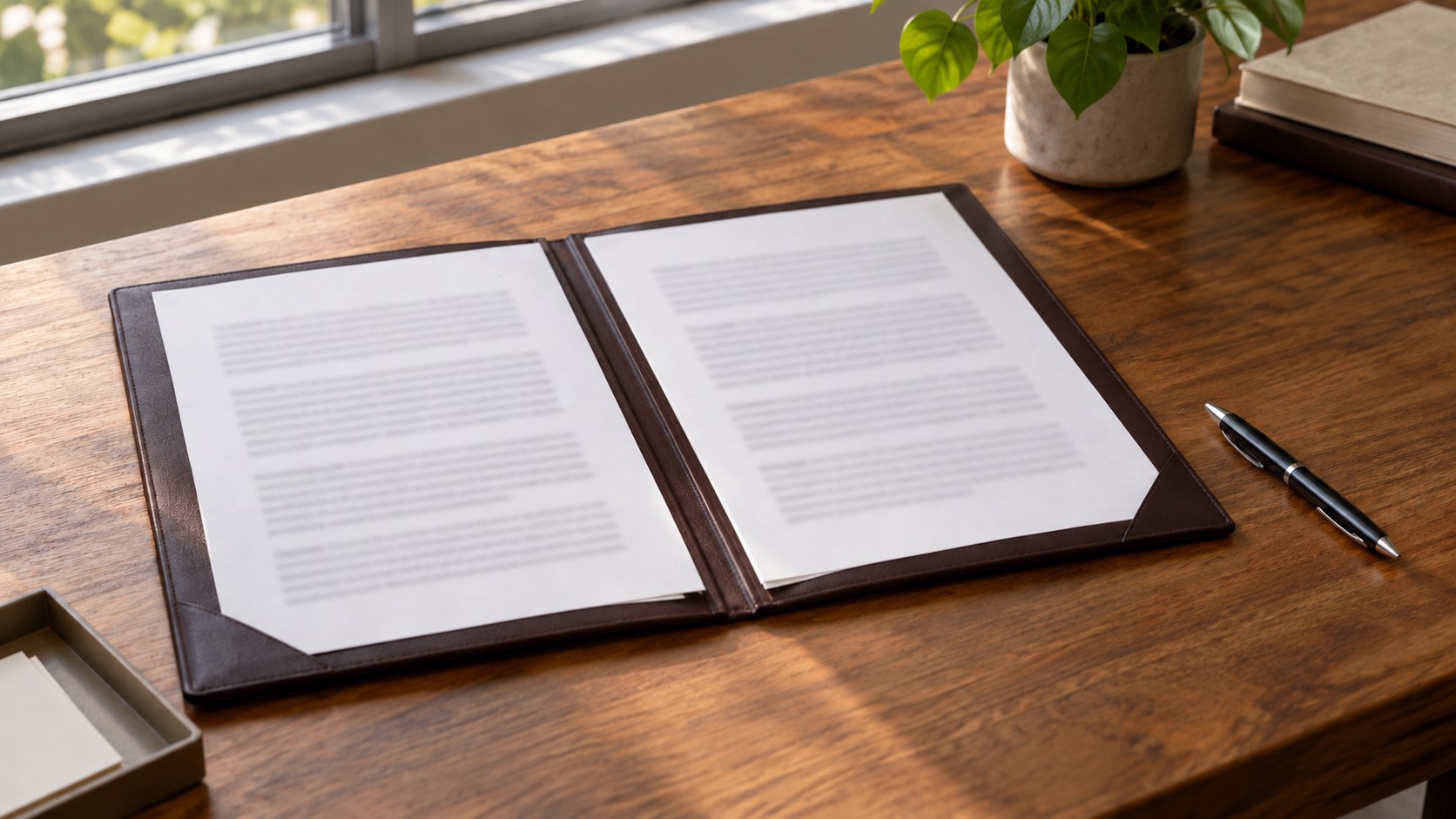 An open proposal folder and pen on a desk