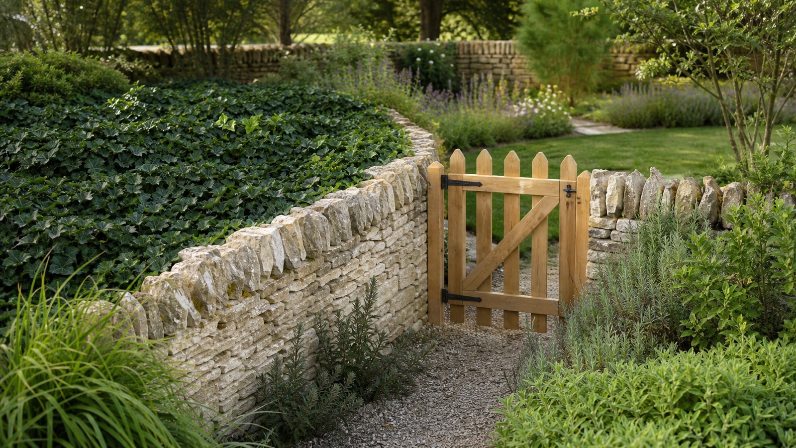 A closed wooden garden gate and stone wall separating ivy from a calm planted garden