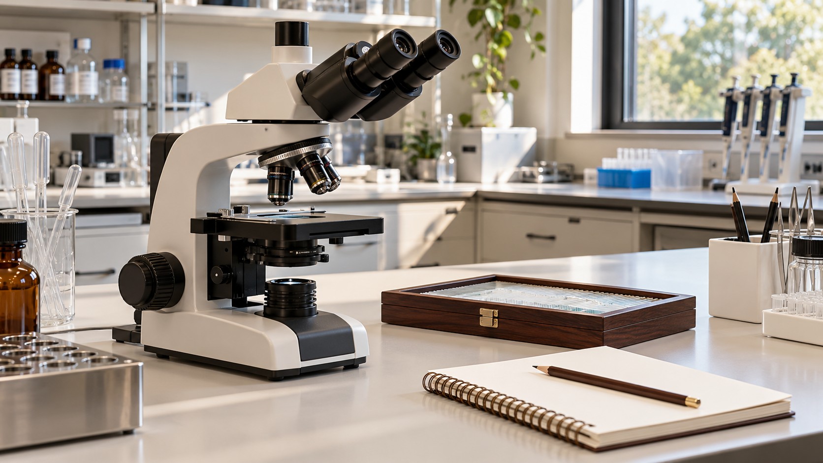 Microscope, slide case and blank notebook on a laboratory bench.