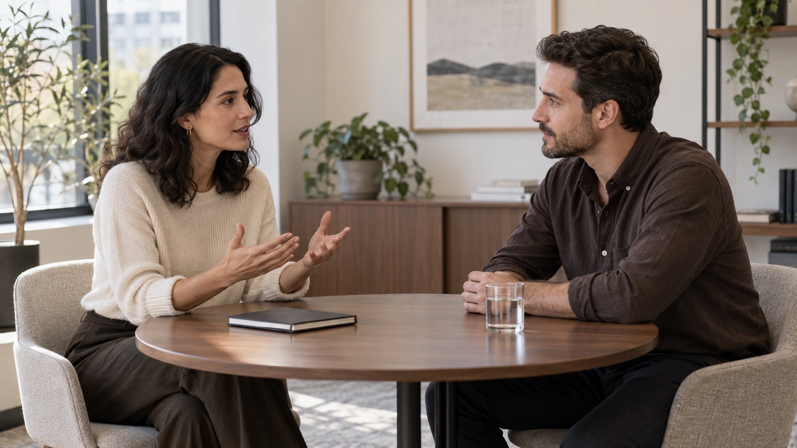 Two adults having a calm conversation across a table.