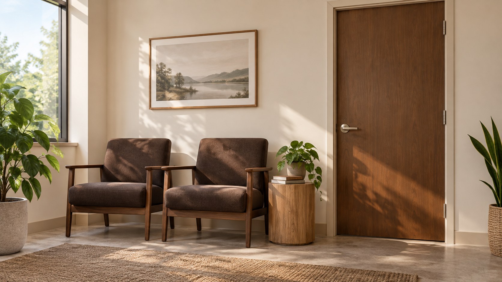 Two empty waiting-room chairs beside a closed consultation door