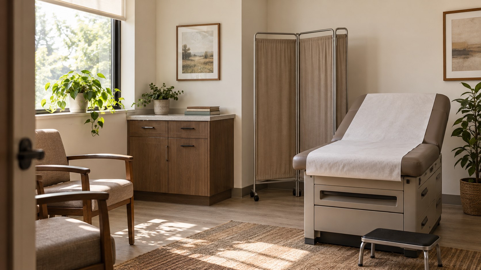 An empty medical room with a paper-covered examination couch and privacy screen