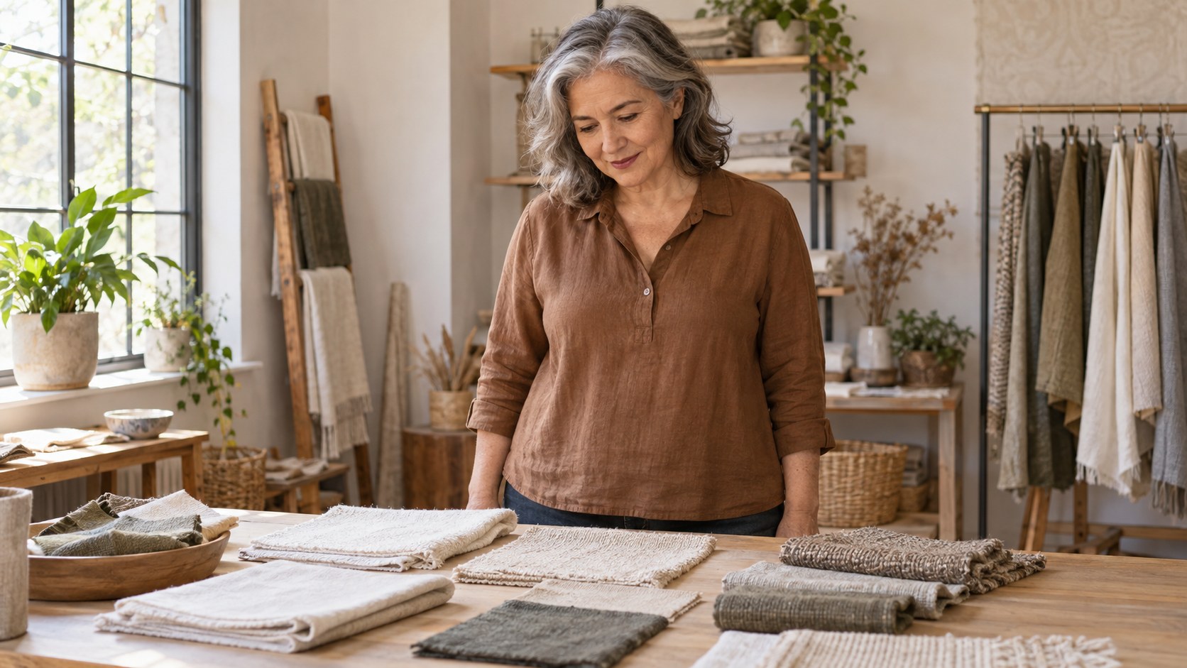A woman examining textile samples in a small daylight studio.