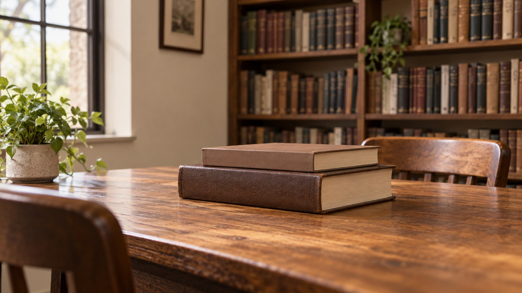 Two closed reference volumes on a wooden library table