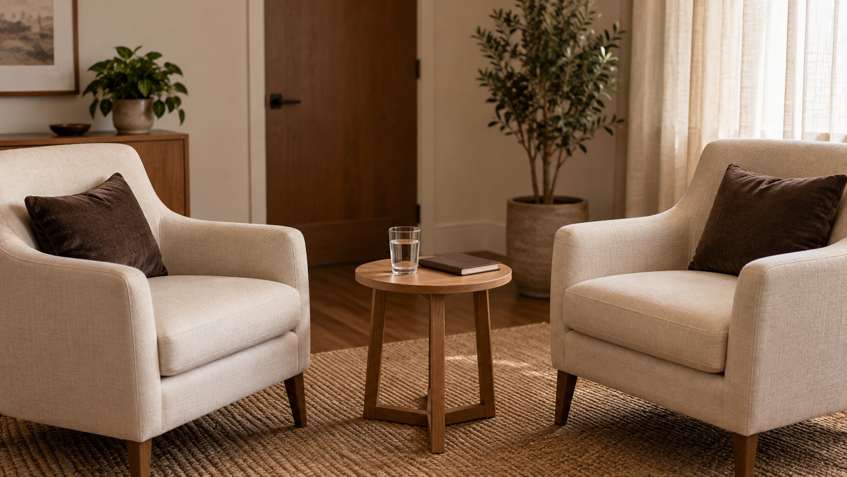 Two ivory chairs beside a small table with water and a closed notebook in a quiet room.