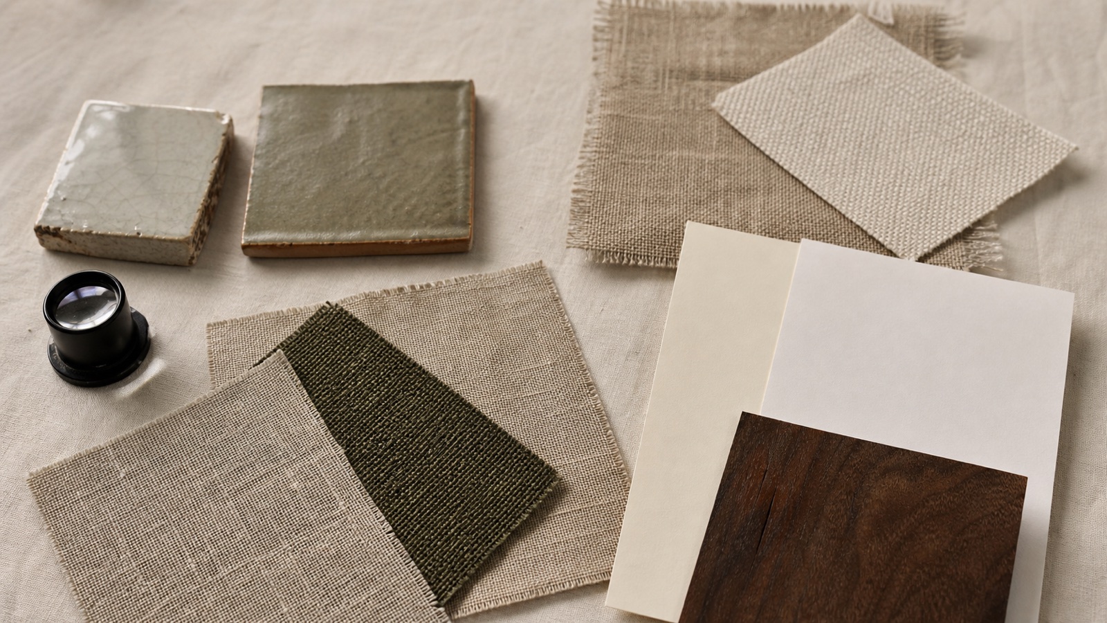 Ceramic, linen, paper, and wood samples compared with a magnifying loupe on a curator's table