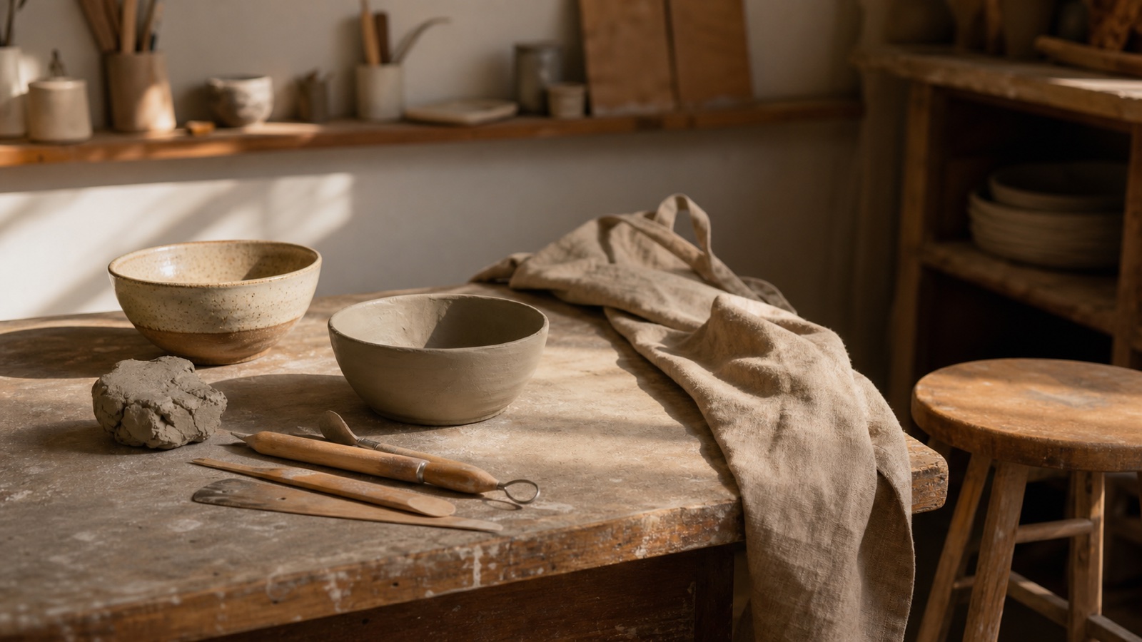 Finished and unfinished ceramic bowls with clay and tools on a teaching workbench