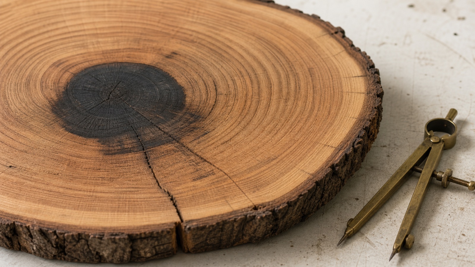 A healed inner scar surrounded by many later growth rings in an old tree cross-section