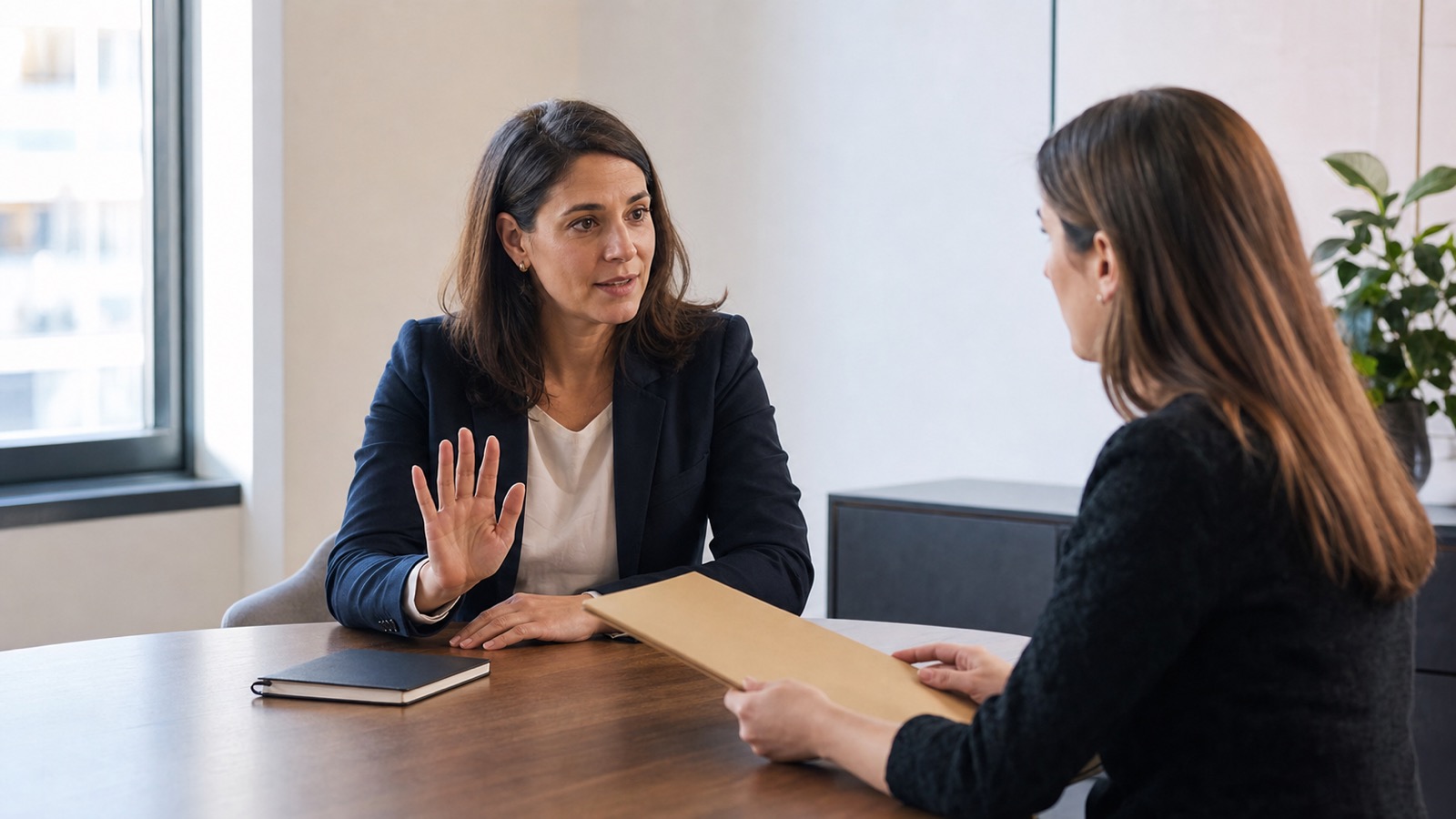 A businesswoman calmly sets a boundary while a colleague listens with a project folder