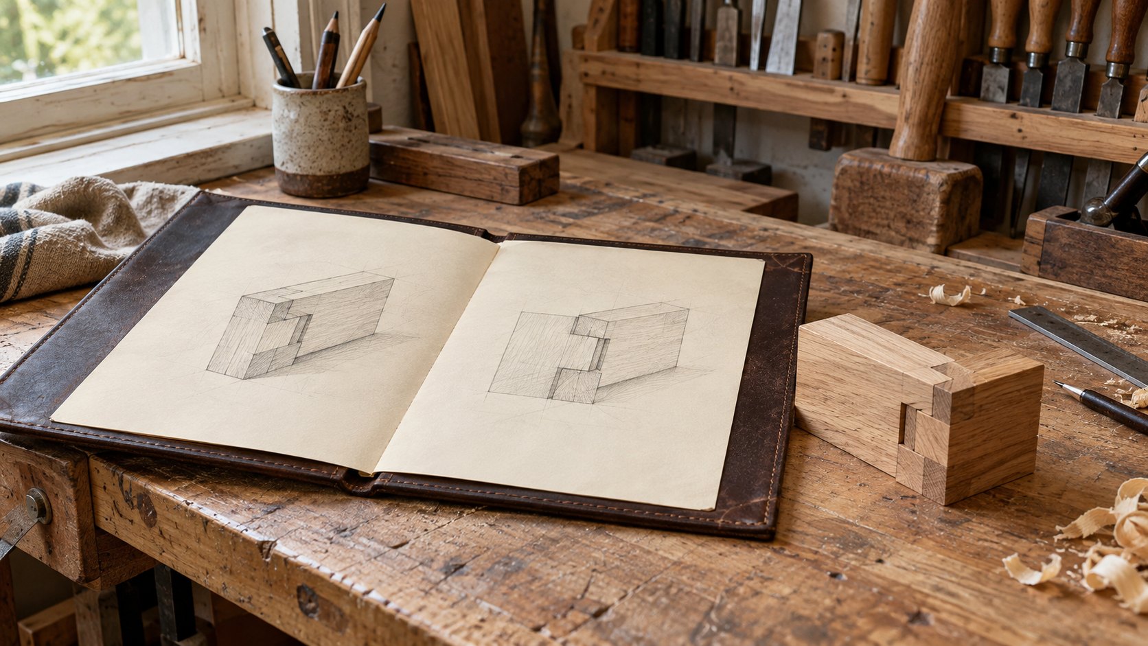Open sketch portfolio and wooden joinery sample on a workshop bench