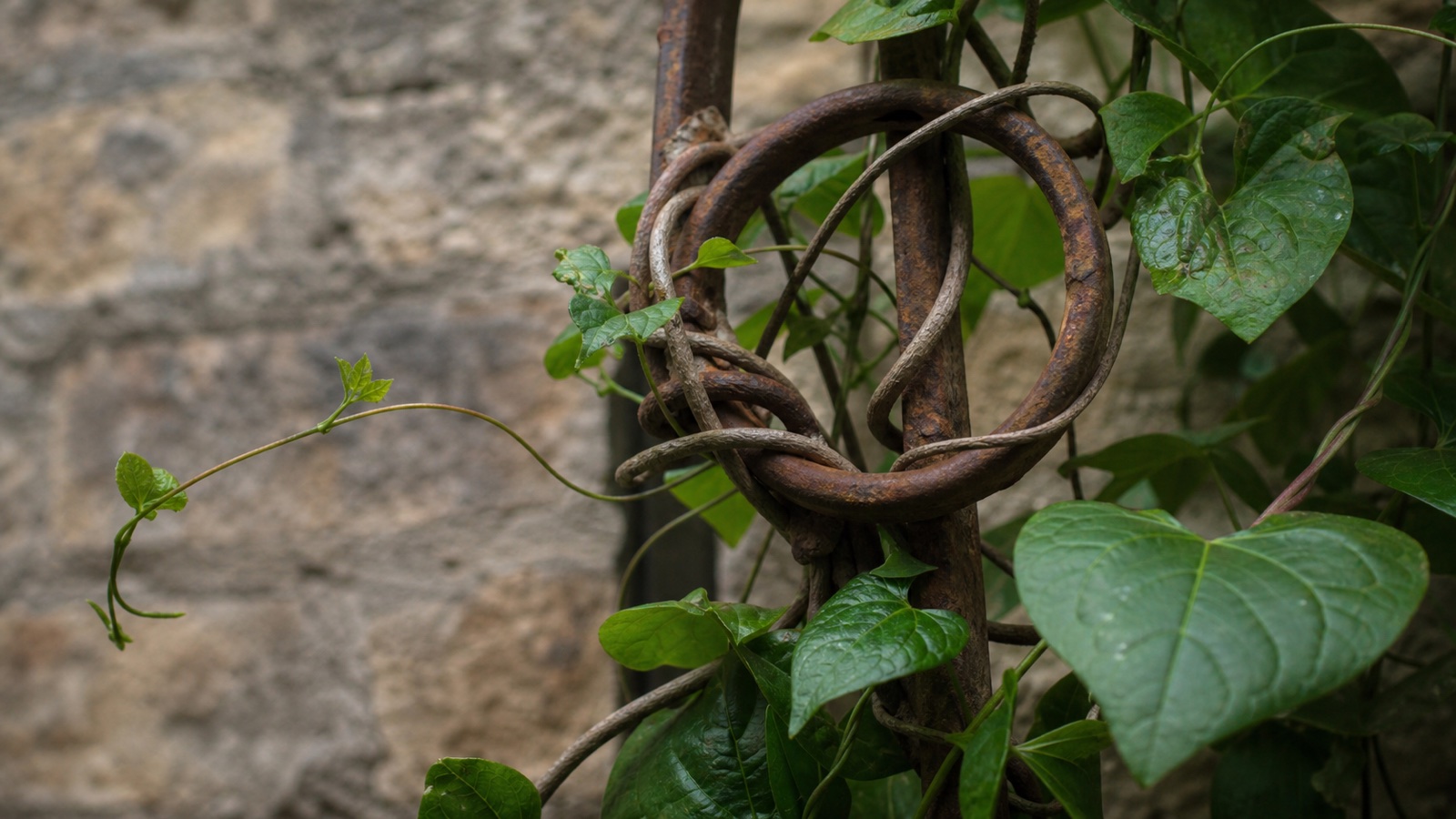 A living vine tightly intertwined with an old rusted garden trellis ring