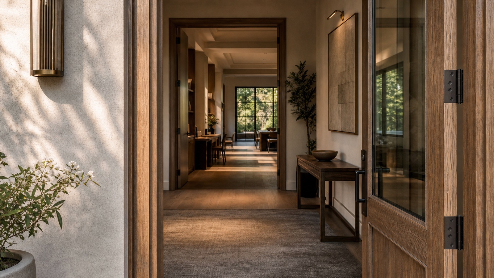 An open wooden entrance revealing a calm and carefully designed workspace