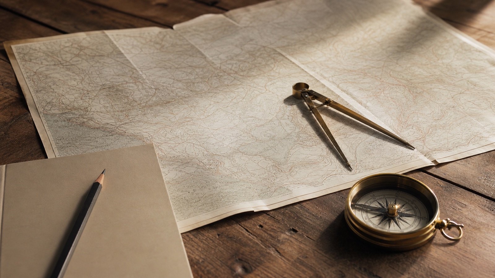 A topographic map, brass compass, dividers, pencil, and blank notebook on a navigator's table