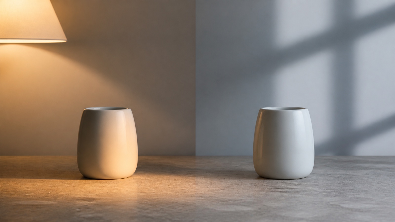 Two identical white vessels appearing different under warm and cool light