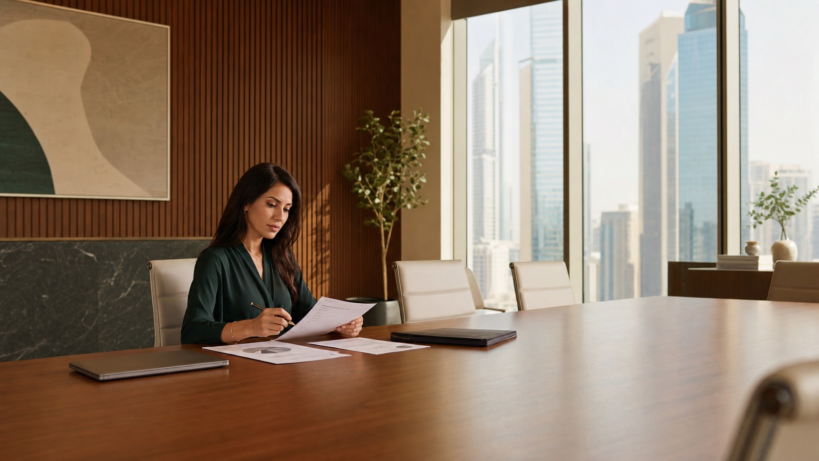 A woman founder reviews board plans at a table surrounded by empty boardroom chairs