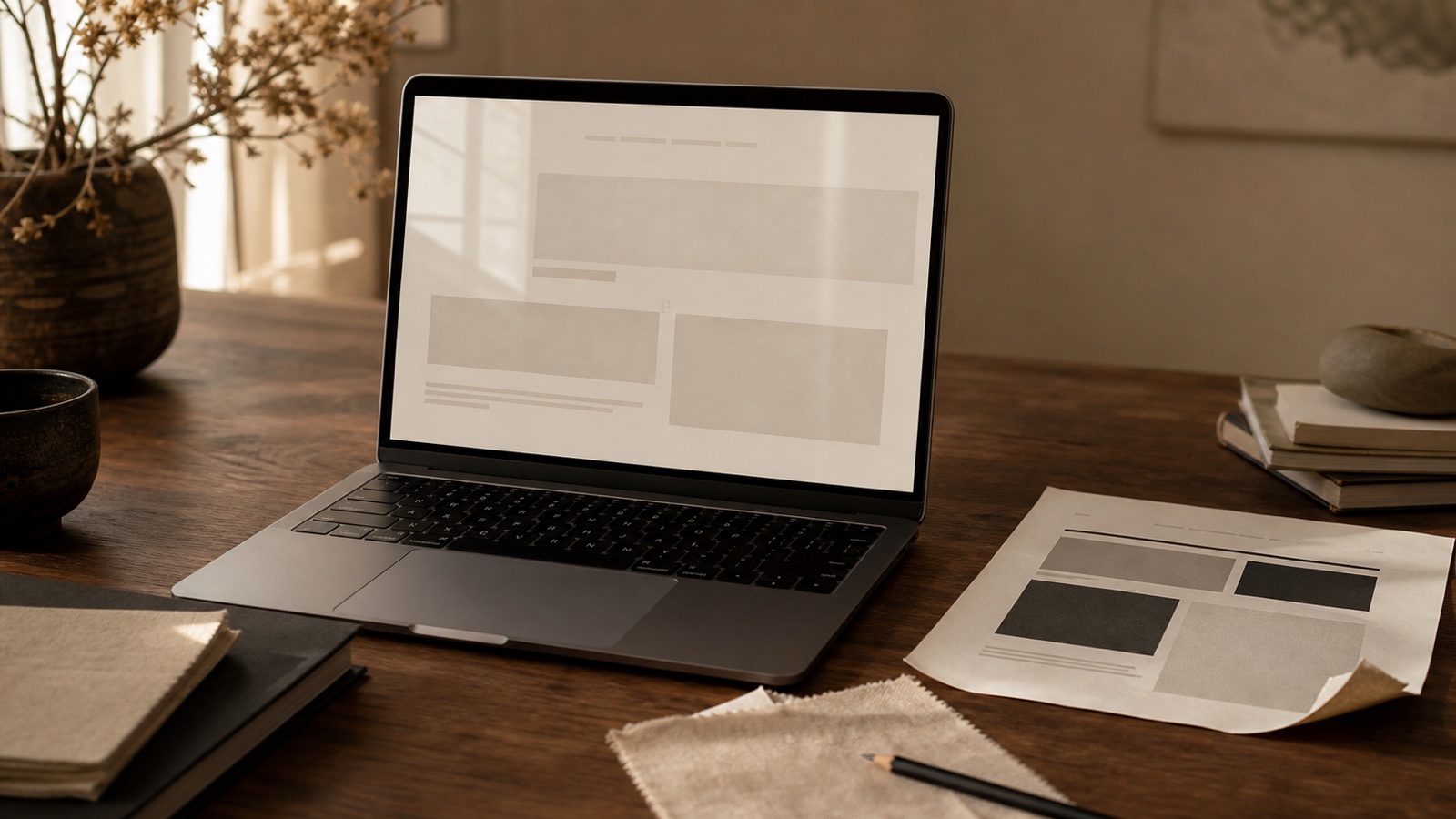 Laptop with a website wireframe beside a printed page layout