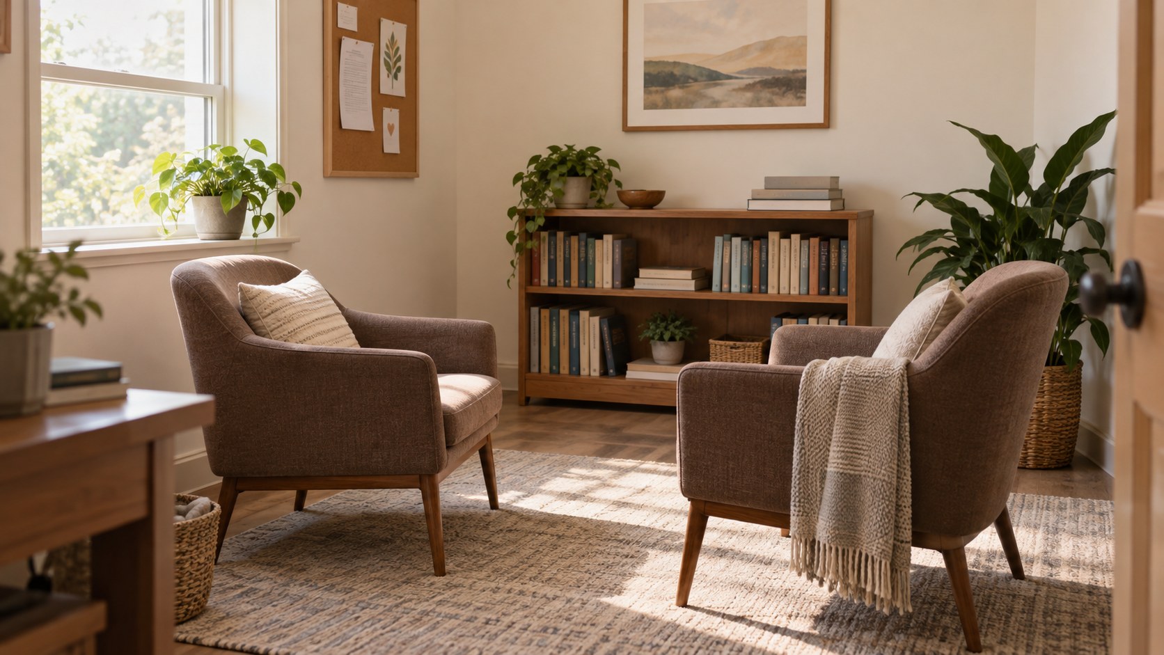 Two chairs facing each other in an empty counselling room