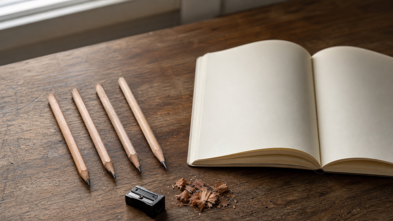Freshly sharpened wooden pencils and cedar shavings beside a blank open notebook
