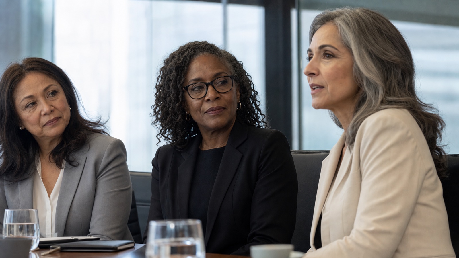 Three diverse senior women in a calm strategic boardroom conversation