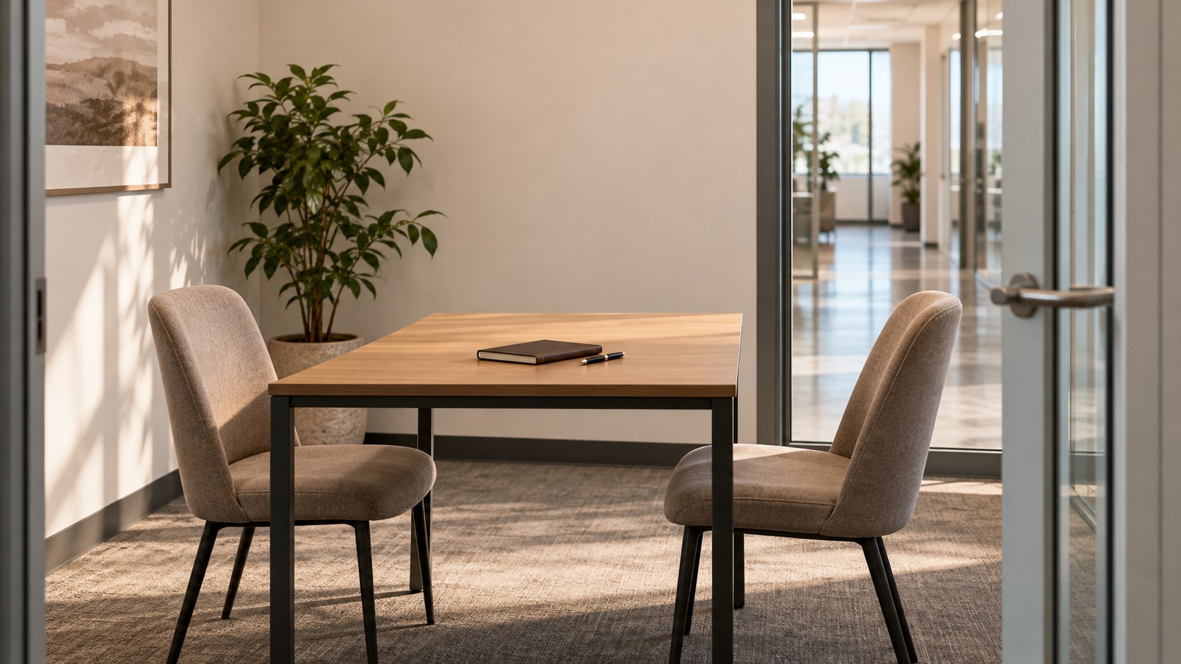 A small workplace meeting room with a notebook on the table