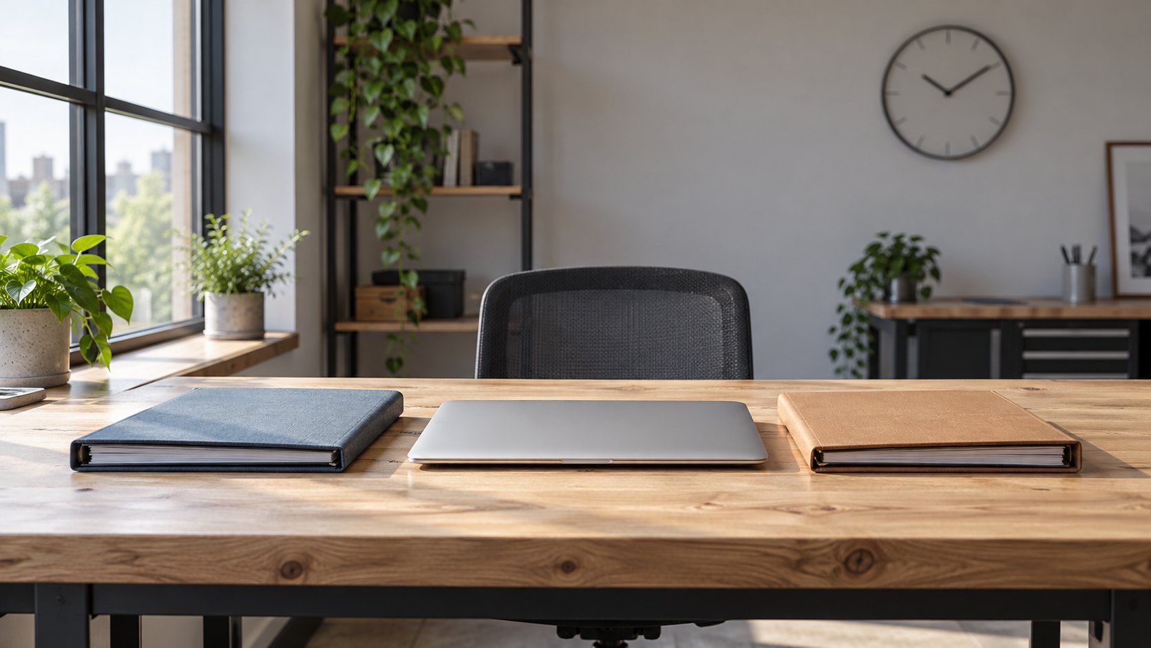 Two project folders beside one closed laptop on a sunlit work desk